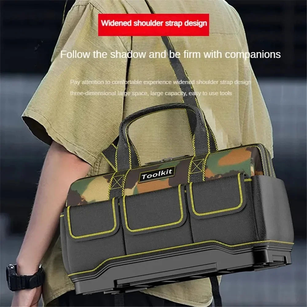 Camouflage Tool Bag with Plastic Bottom Shoulder Strap Multiple Pockets Pounch Storage Organizer for Electrician 240123