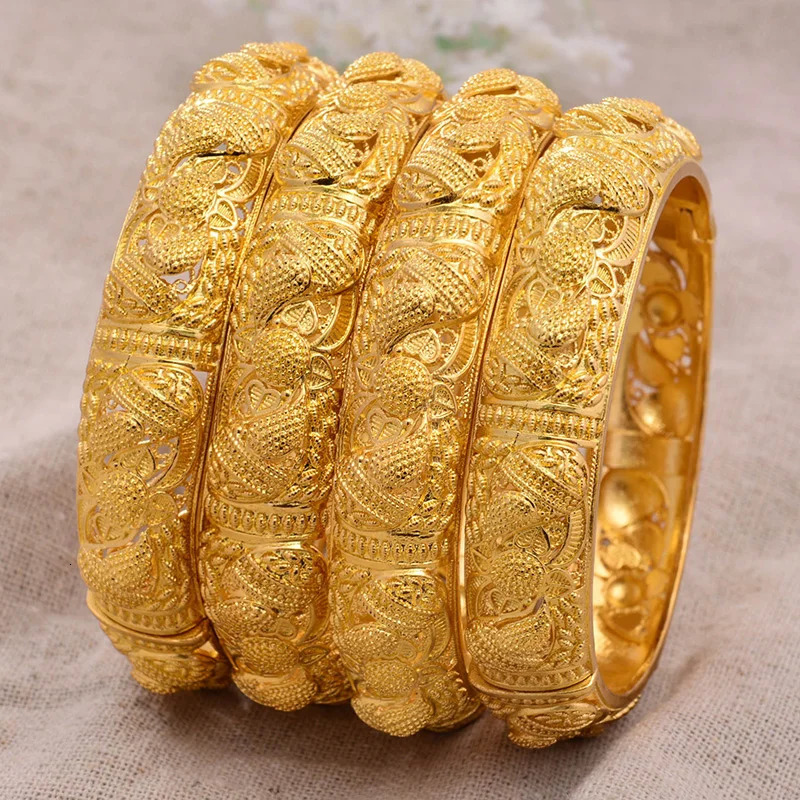 24K Bangles 4PcsLot Ethiopian Africa Fashion Gold Color For Women African Bride Wedding Bracelet Jewelry Gifts 240130