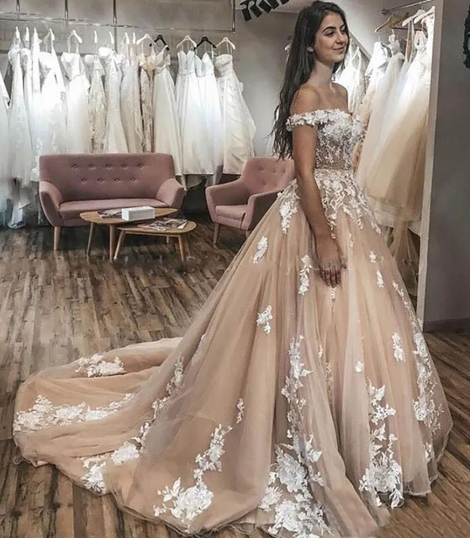 Champagne White Wedding Dresses Ivory Bridal Gowns Formal A Line Applique Custom Zipper Lace Up Plus Size New Floor-Length Satin Off-Shoulder