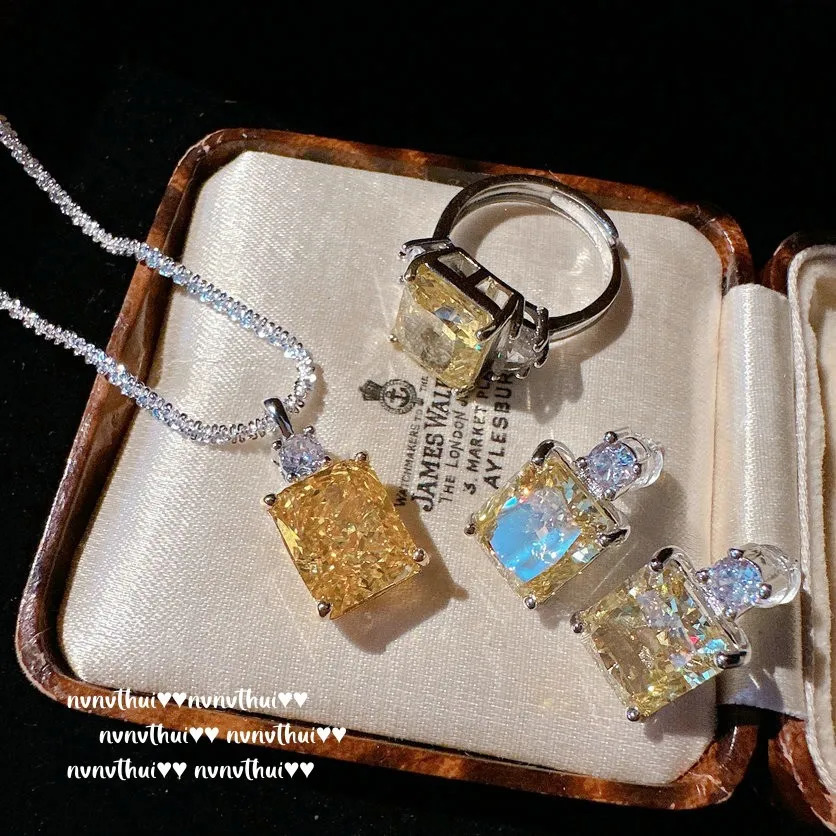 Sterling 925 Silver Women Jewelry Set Lab Diamond Zircon Jewelry Yellow Necklace Ring Earrings Womens Bridal Wedding Jewelry 240119