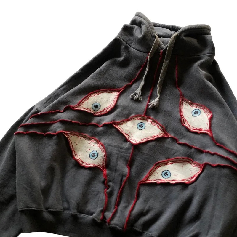 American retro street Demon Eyes Embroidery hoodie for Men Winter y2k Goth punk Harajuku fashion oversized sweatshirt 240126