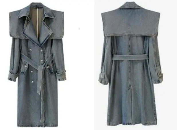 Getspring Women Denim Trench Coat 2023 SpringTemperament Double Breasted Lace Up Loose Long denim Coat All Match Fashion 240201