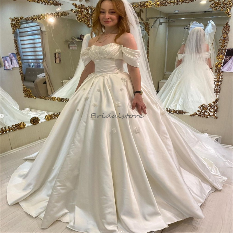 Gorgeous Satin Ball Gown Wedding Dresses 2024 Elegant Off Shoulders 3D Florals Country Garden Bridal Dress Sexy Backless Princess Robe De Mariee Chic 