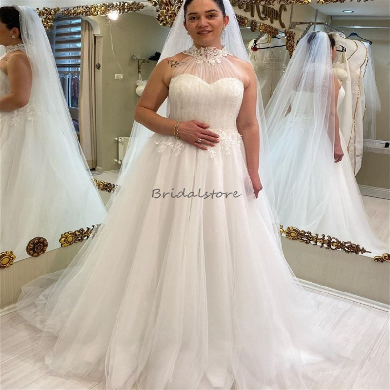 Plus Size High Neck Wedding Dresses 2024 Sleeveless A Line Tulle Lace Bride Dress Floor Length Sexy Backless Bridal Gowns Elegant Women Robe De Mariee