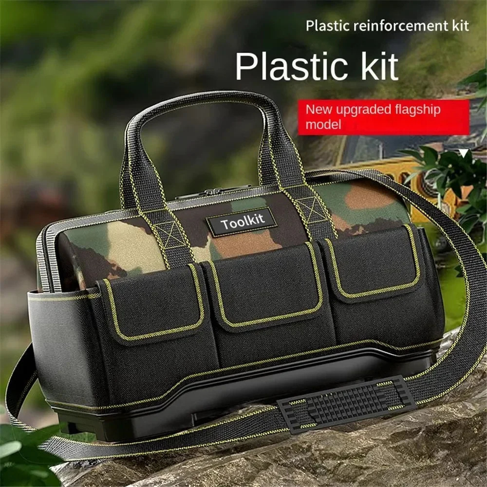 Camouflage Tool Bag with Plastic Bottom Shoulder Strap Multiple Pockets Pounch Storage Organizer for Electrician 240123