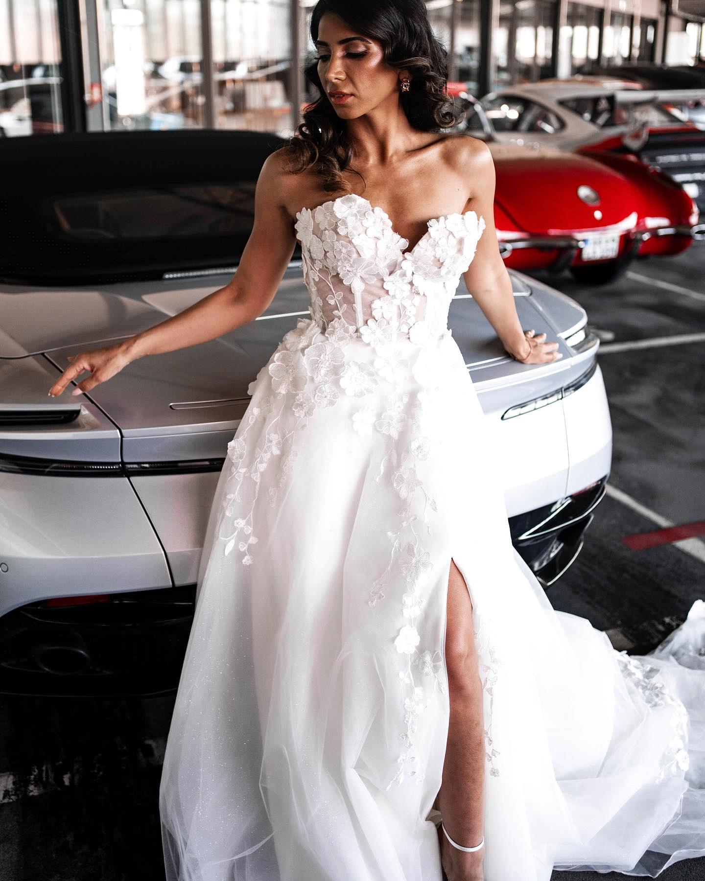 Lace Summer Bohemian Tulle Wedding Dresses A Line Sweetheart Backless Appliques Split Long Bridal Gowns BC18156 ppliques