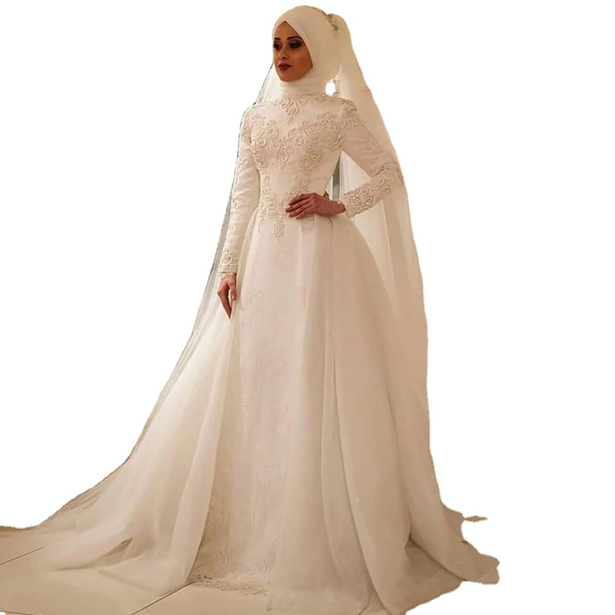 Classic A e Women Wedding High Collar Long Sleeves Muslim Bridal Gowns Lace Appliques Sweep Train Dress Custom Made vestidos de novia