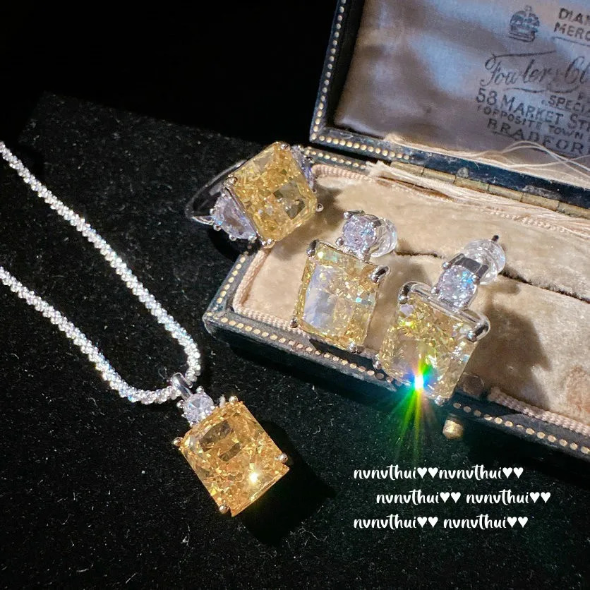 Sterling 925 Silver Women Jewelry Set Lab Diamond Zircon Jewelry Yellow Necklace Ring Earrings Womens Bridal Wedding Jewelry 240119