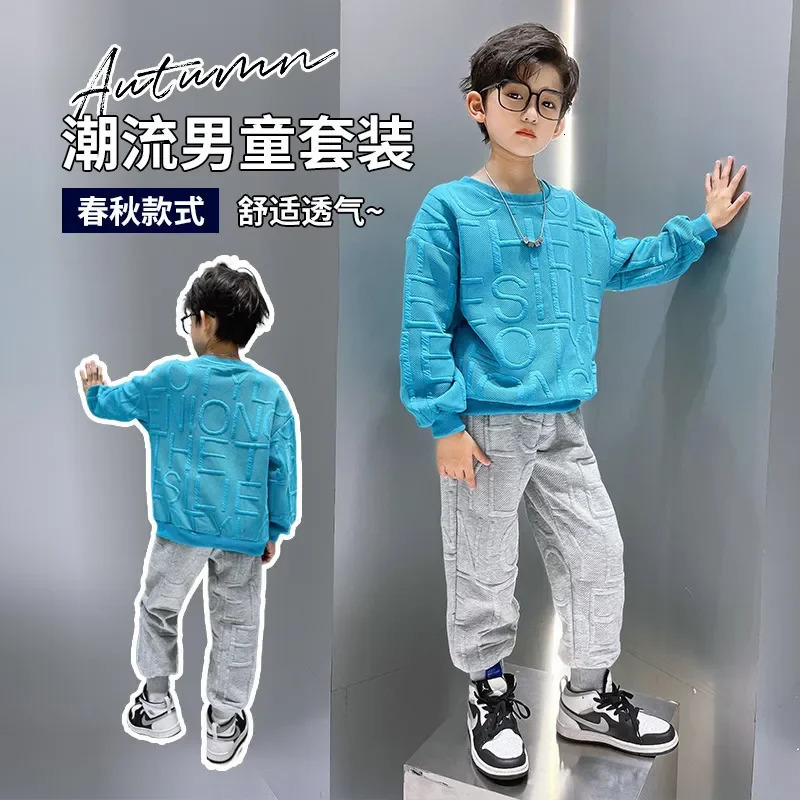 Boy Girls Sweatshirt Spring and Autumn Clothing Junior kid Fashion Jacquard Letter Long Sleeve Top Sweatpants 2 Pcs Set 3-12Y 240131