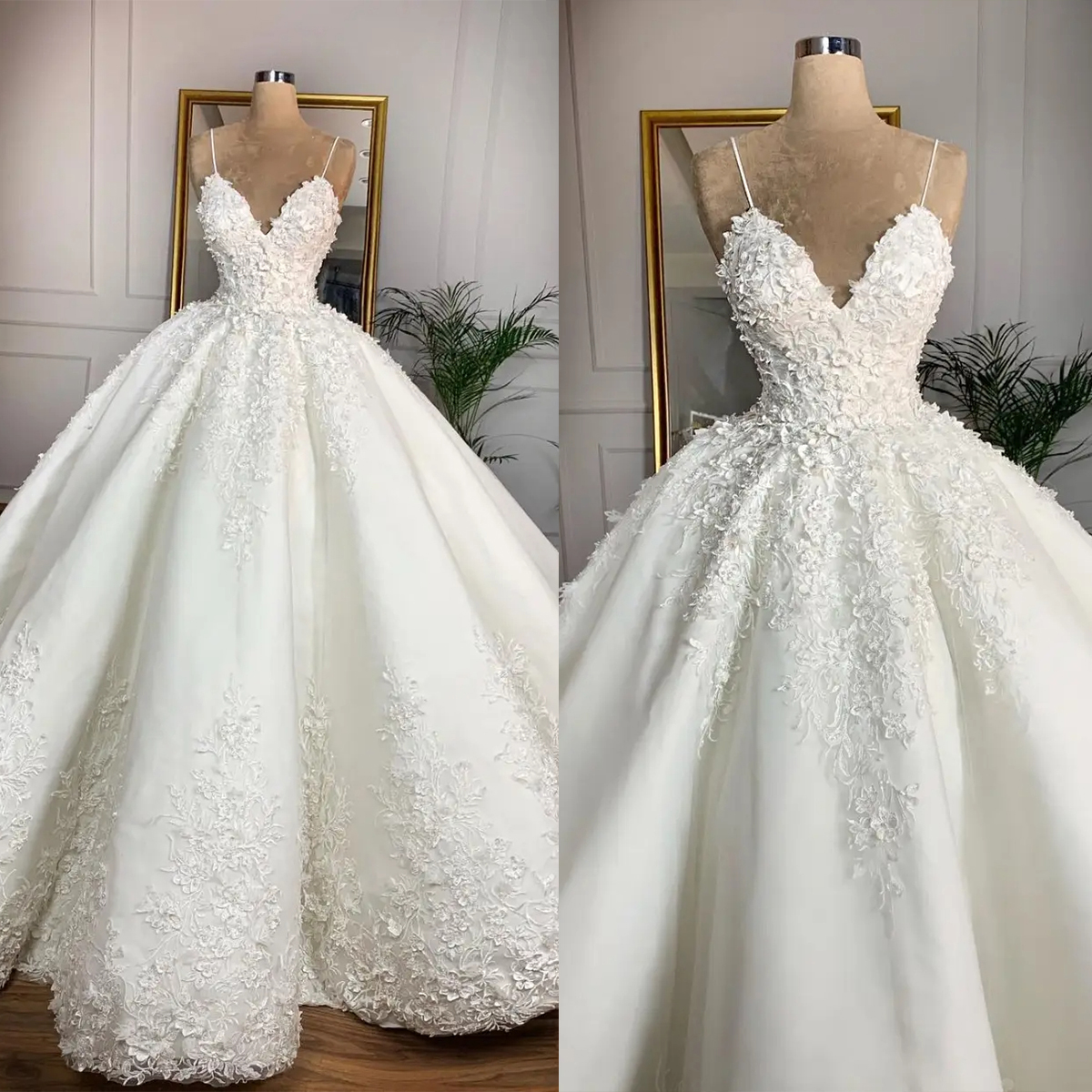Gorgeous Spaghetti Strapless Wedding Lace 3D-Ral Appliques Bridal Ball Gowns Sleeveless Custom Made Bride Dresses 0219