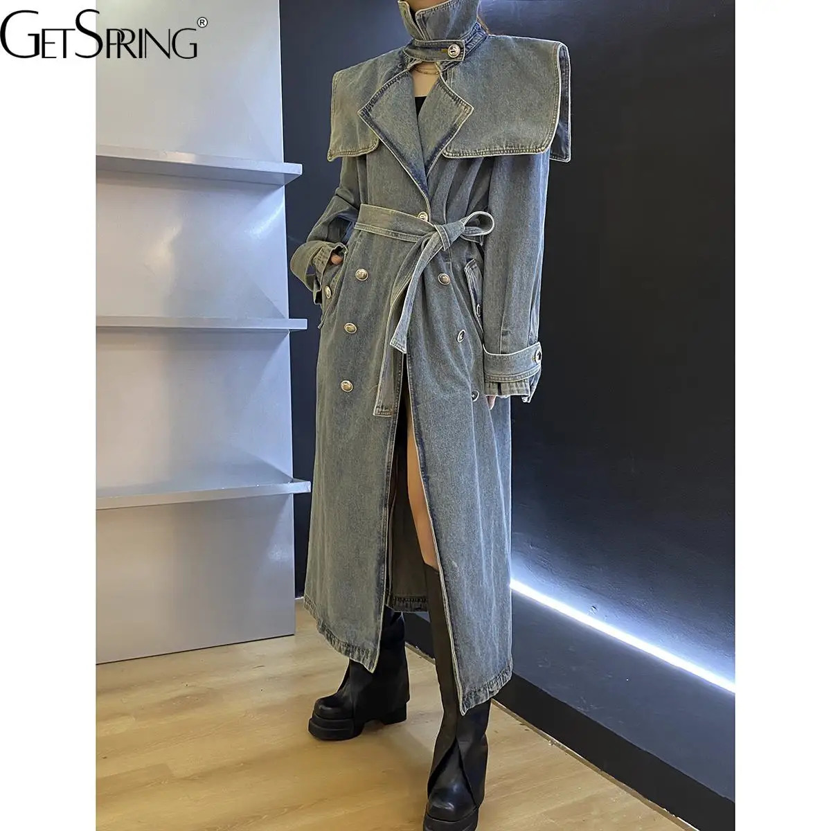 Getspring Women Denim Trench Coat 2023 SpringTemperament Double Breasted Lace Up Loose Long denim Coat All Match Fashion 240201