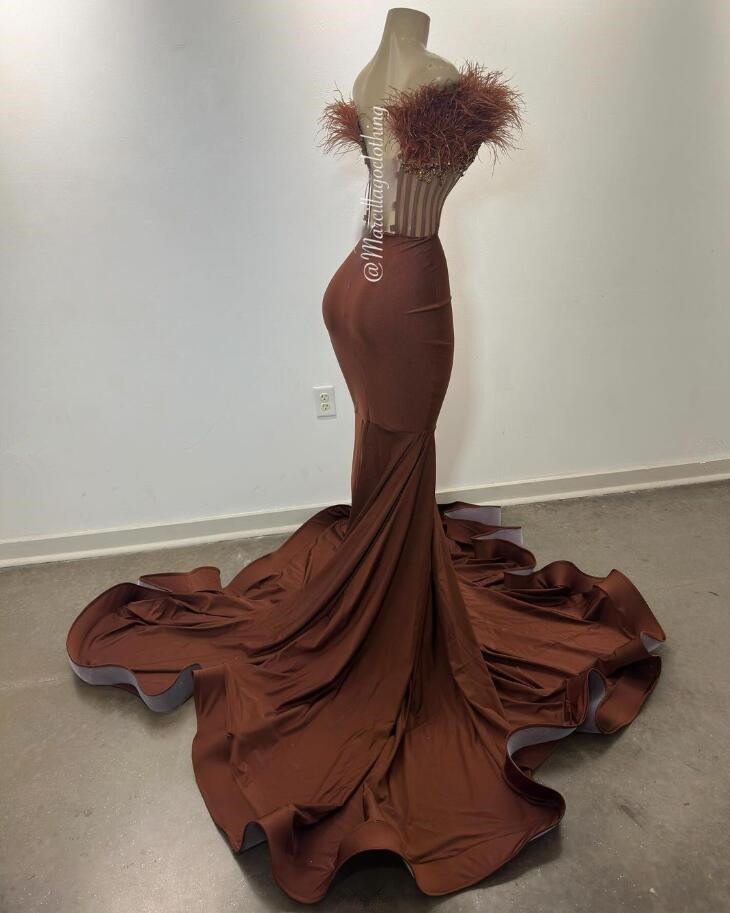 Brown Luxury Corset Evening Formal Dresses for Women Feather Boning Strapless African Prom Ceremoy Gown vestido festas luxo