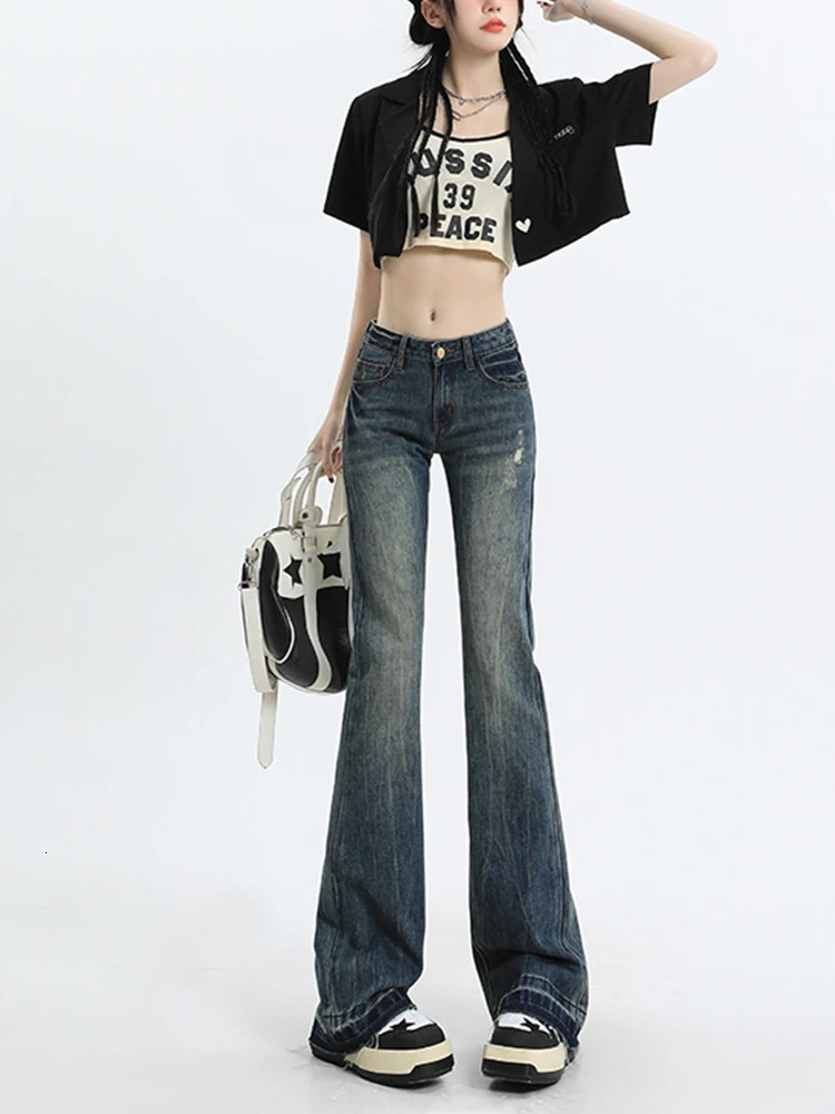 American High Street Vintage Denim Flare Pants Pantalones De Mujer 2023 Fashion Y2K Jeans Female Horseshoe 240129