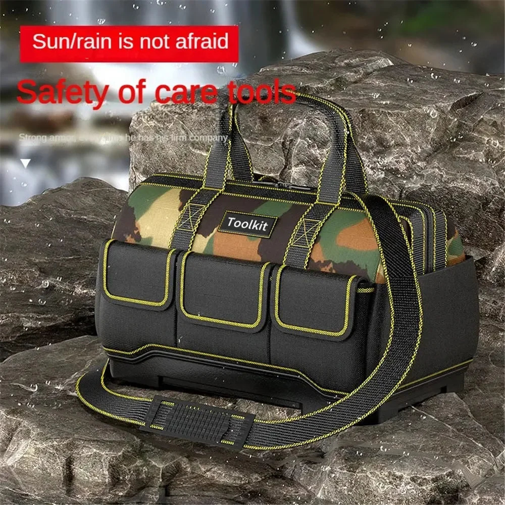Camouflage Tool Bag with Plastic Bottom Shoulder Strap Multiple Pockets Pounch Storage Organizer for Electrician 240123