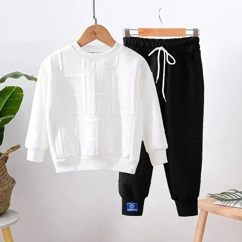 Boy Girls Sweatshirt Spring and Autumn Clothing Junior kid Fashion Jacquard Letter Long Sleeve Top Sweatpants 2 Pcs Set 3-12Y 240131