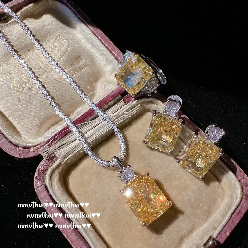 Sterling 925 Silver Women Jewelry Set Lab Diamond Zircon Jewelry Yellow Necklace Ring Earrings Womens Bridal Wedding Jewelry 240119
