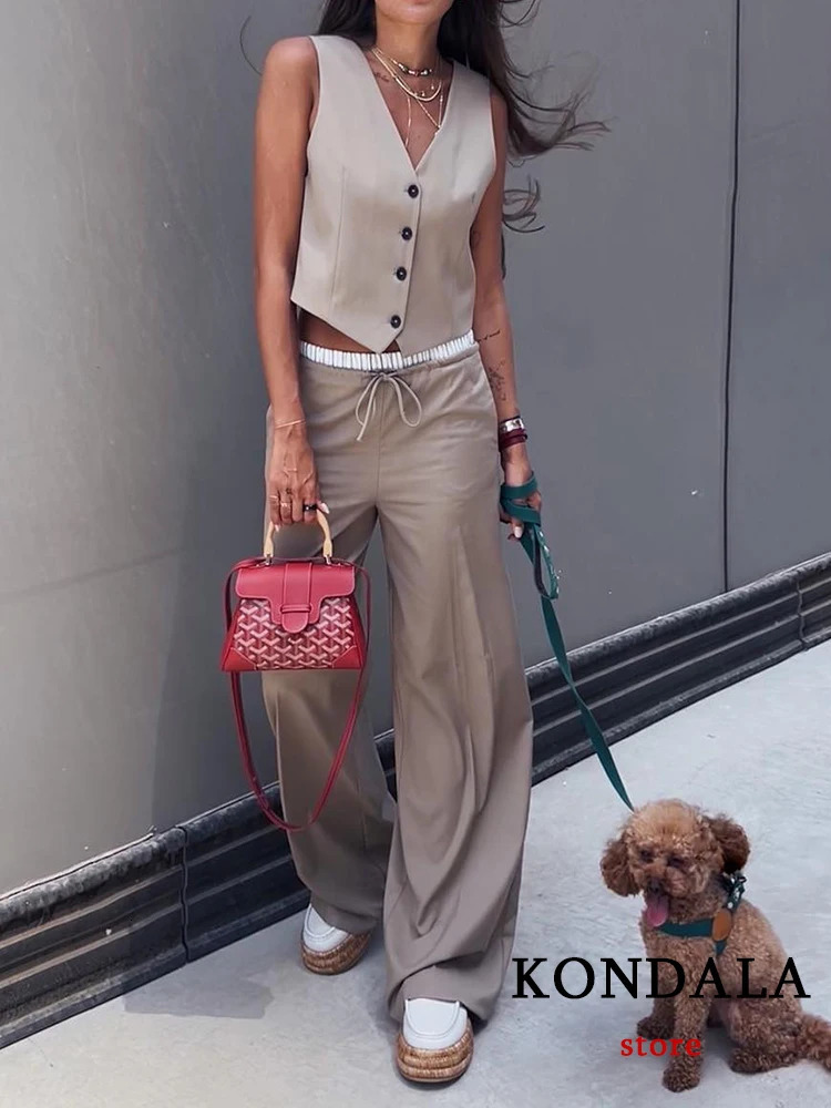 KONDALA Vintage Khaki Office Lady Suit VNeck Single Button Sleeveless Vest High Waist Long Straight Pants Fashion Autumn 240123