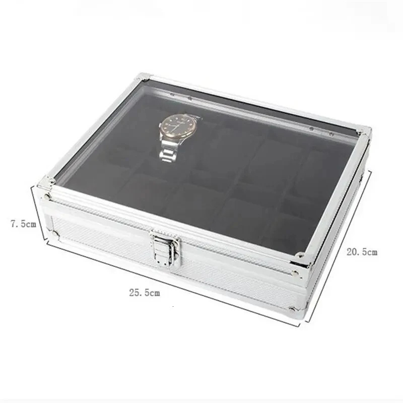 Useful Aluminium Watches Box 12 Grid Slots Jewelry Watches Display Storage Box Square Case Suede Inside Rectangle Watch Holder 240124
