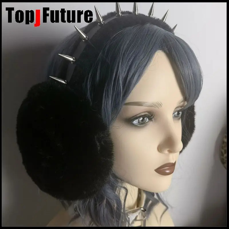 Harajuku Punk Girl Women Plush Spike sticker Warm Earmuffs Gothic Womens Lolita Warmer Muff Ear Cover Cross Fold Headband 240127