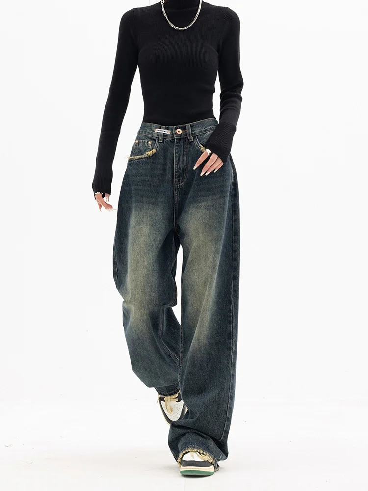 Y2K Women Vintage Streetwear Korean Baggy Blue Jeans High Waist Straight Wide Leg Pants Denim Trousers Fairy Grunge Alt Clothes 240202