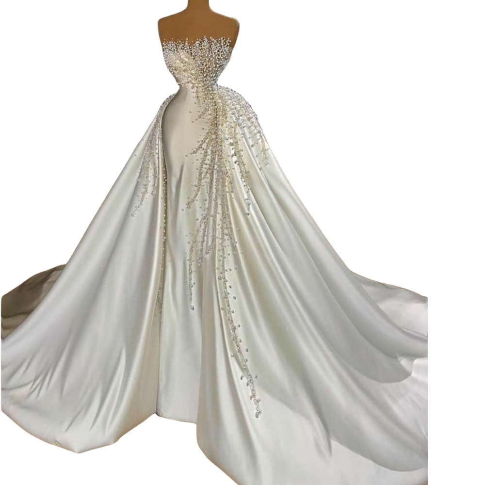 2024 Mermaid Wedding Dresses Bridal Gowns Overskirts Crystal Pearls Beads Strapless Satin Plus Size African Nigerian Fishtail Robe De Mariee Sleeveles