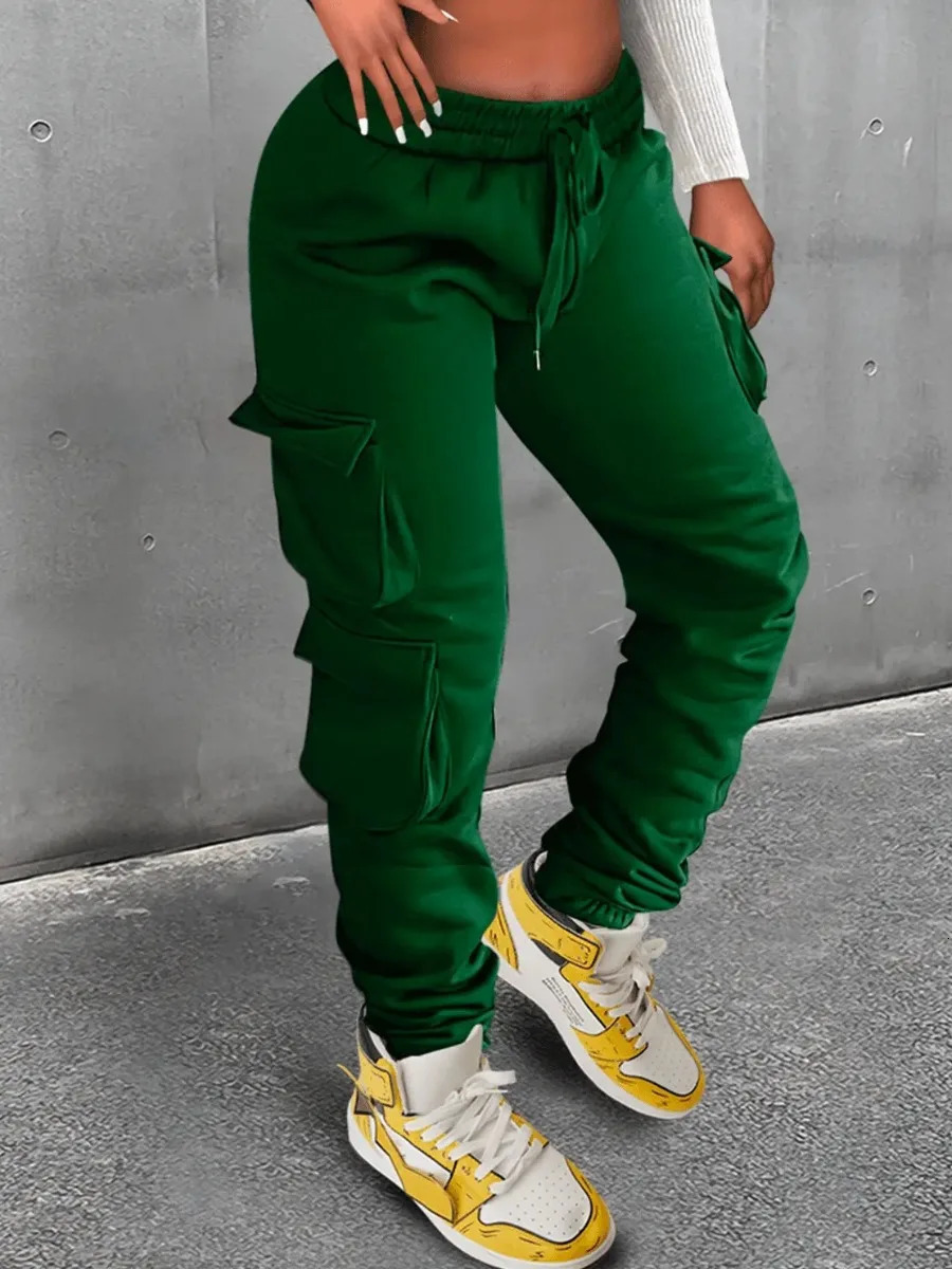 LW Plain Pocket Sweatpants Side Pockets Drawstring Cargo Pants Women Stretchy Trendy Casual Trousers 240129