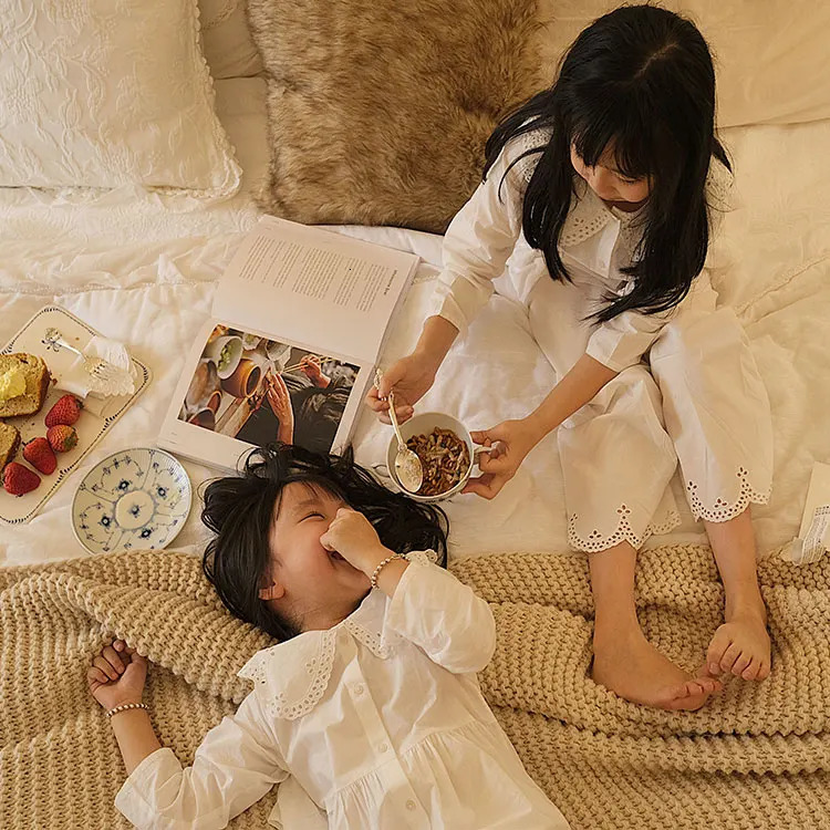 Kid Girls LOLita Embroidered Turndown Collar Pajama Sets.Vintage Toddler Kids Pyjamas set Sleep Loungewear.Childrens Clothing 240130