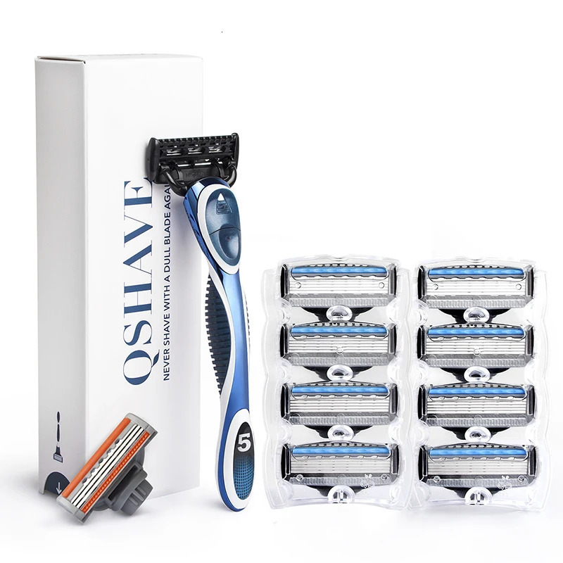QShave Blue Men Shaving Razor 1 Handle 10 Cartridges1pc X3 Blade 9pcs X5 Blade 240127