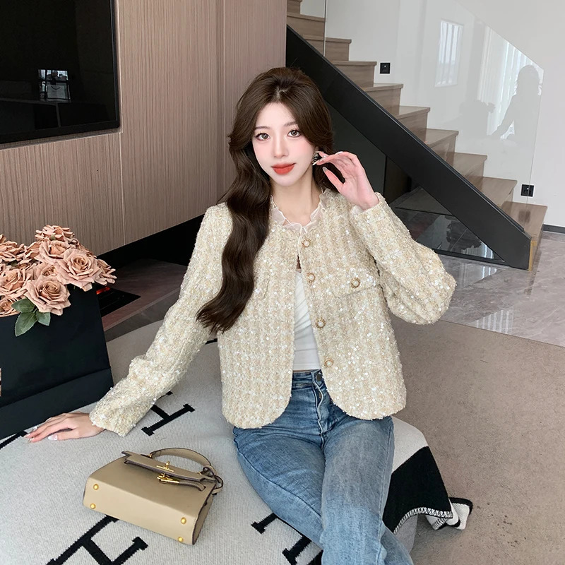 Runway Fashion Pearl Button Shiny Jacket Coat High Quality Chic Autumn Womens O Neck Tweed Casaco Outwear 240124