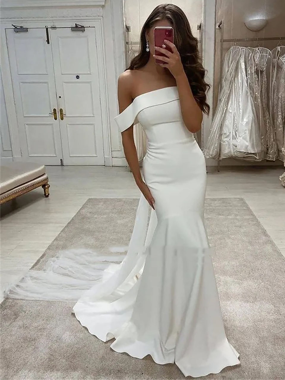 Ivory Bridal Gowns White Wedding Dresses Formal Sleeveless Sweep Train Custom Zipper Lace Up Backless Plus Size New Trumpet Mermaid Off-Shoulder Elast