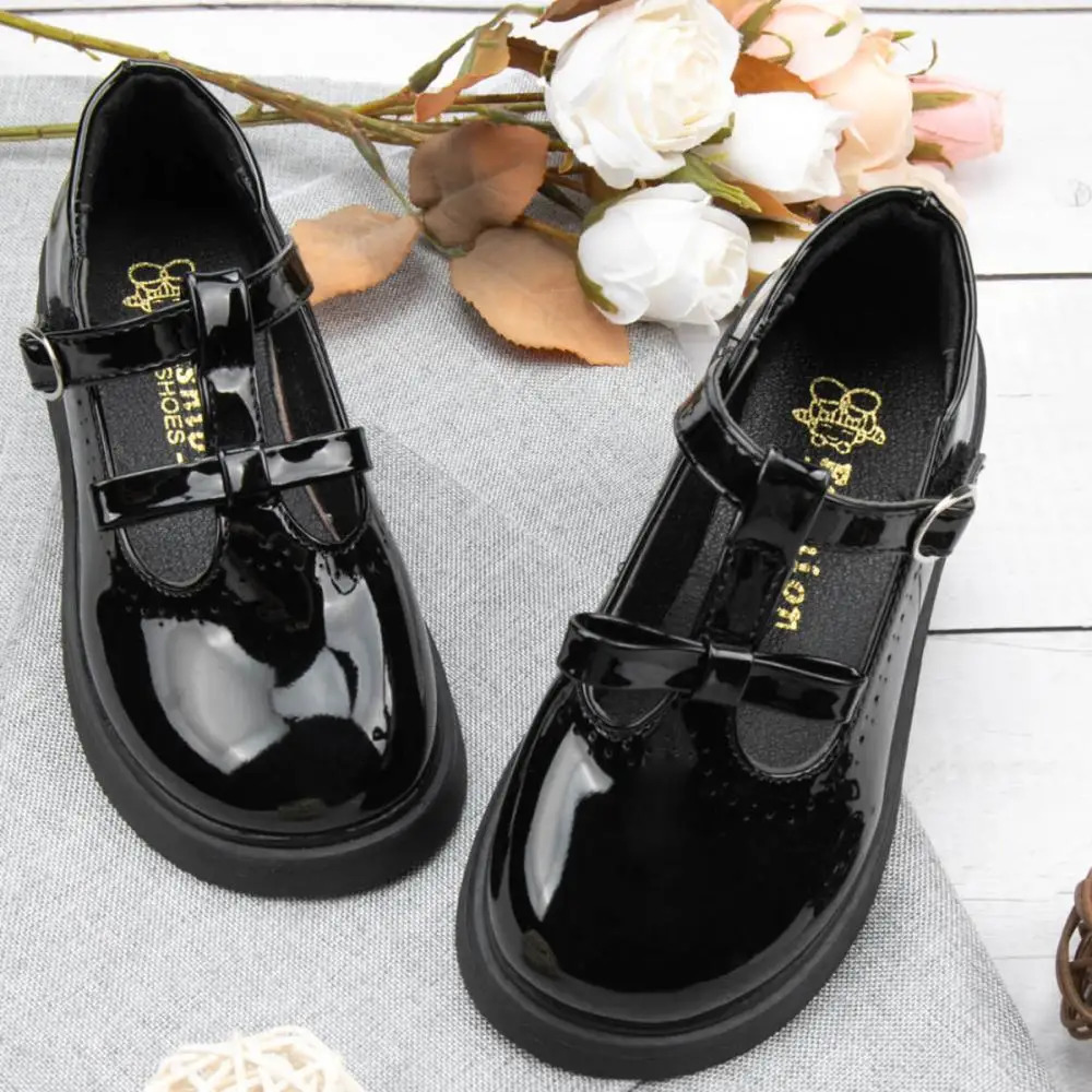 Fashion Children's Shoes Simple Bow T Buckle Black Leather Shoes Classic Cute Versatile Princess Dress Shoes 240119