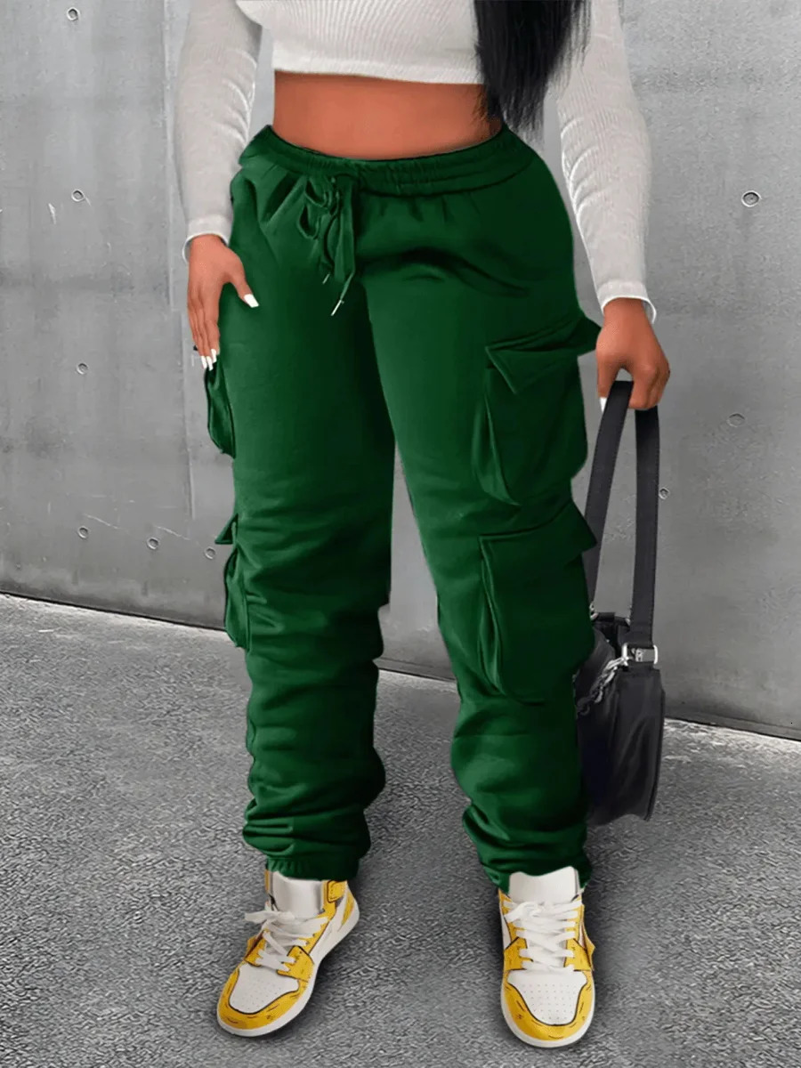 LW Plain Pocket Sweatpants Side Pockets Drawstring Cargo Pants Women Stretchy Trendy Casual Trousers 240129