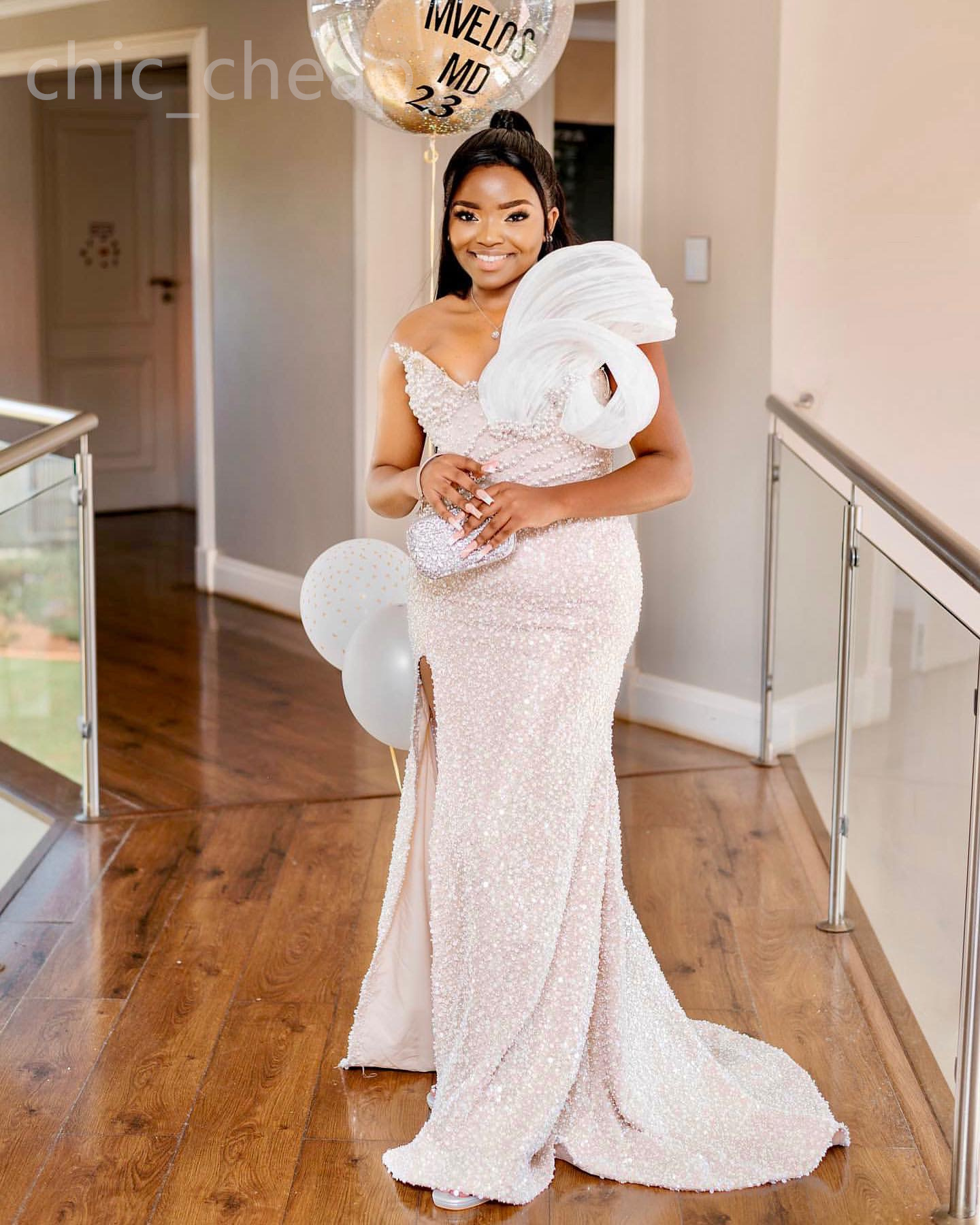 2024 Aso Ebi Ivory Mermaid Prom Dress Beaded Pearls High Split Evening Formal Party Second Reception Birthday Engagement Gowns Dresses Robe De Soiree 