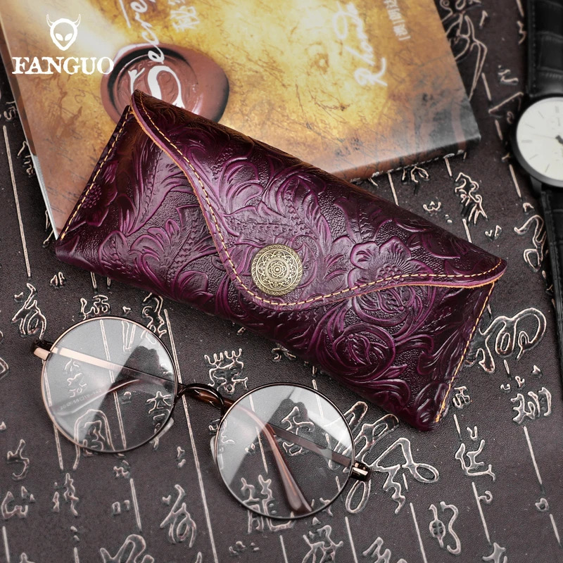 Soft Handmade Genuine Leather Glasses Case Sunglasses Protective Cover Vintage Eye Storage Bag Antiscratch Buckle 240118