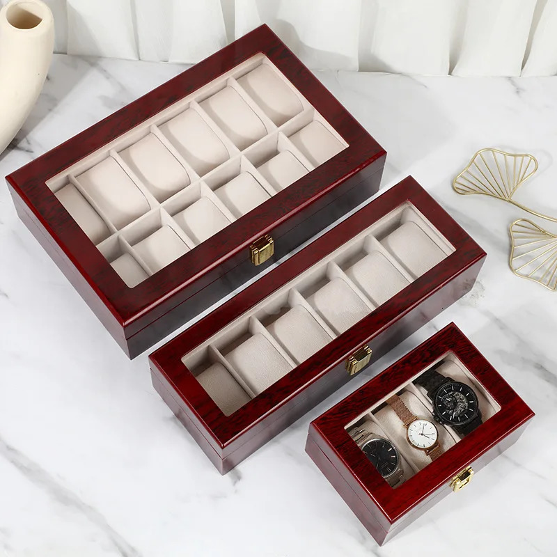 VANSIHO Promotion Dark Red Wooden Watch Case 2 3 4 5 6 10 12 Slots PU Leather Watches Collection Box Display With Lock 240129