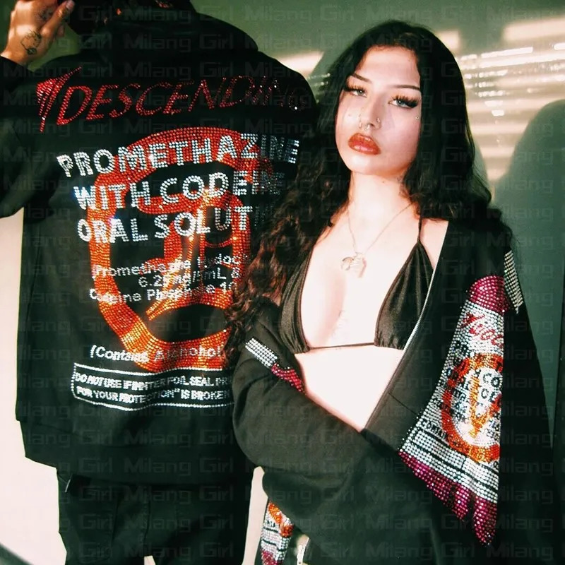 Autumn Y2K Rhinestone Graphics Zip Up Oversized Sweatshirt Goth Hoodie Men Women Grunge Hooded Jacket Streetwear Letter Clothing 240202