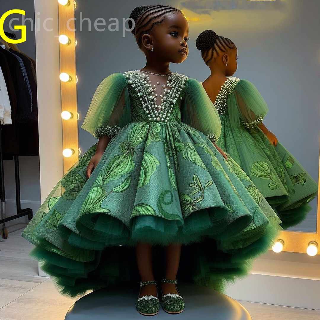 2024 Royal Green Printed Flower Girl Dresses Ball Gown Tulle Tiers Pearls Beaded Luxurious Little Girl Christmas Peageant Birthday Christening Tutu Dr