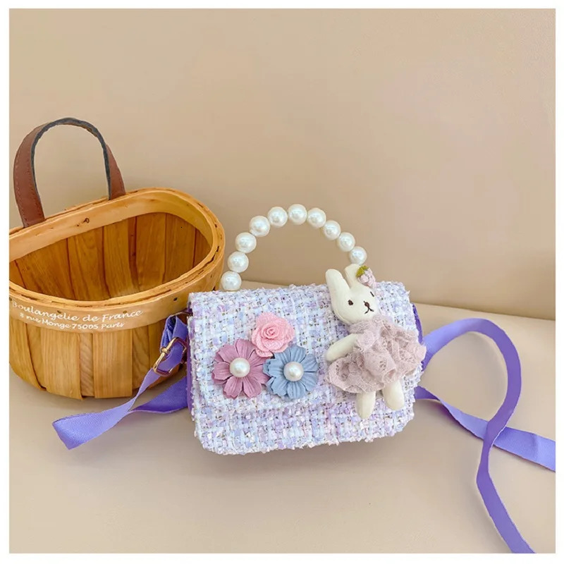 Children Wallet Small Bag Cute Girl Classic Coin Purse Tweed Handbag Flower Beading Princess Kid Money Bag Baby Shoulder Bag 240118