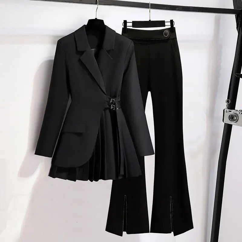 Womens Casual Blazer Jacket Matching Set Korean Elegant Spring Autumn Chic Suit Coatsplit Black Pants Twece Female Clothes
