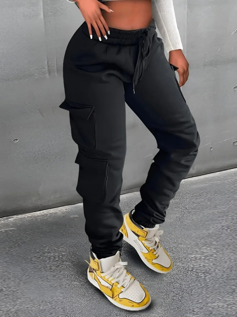 LW Plain Pocket Sweatpants Side Pockets Drawstring Cargo Pants Women Stretchy Trendy Casual Trousers 240129