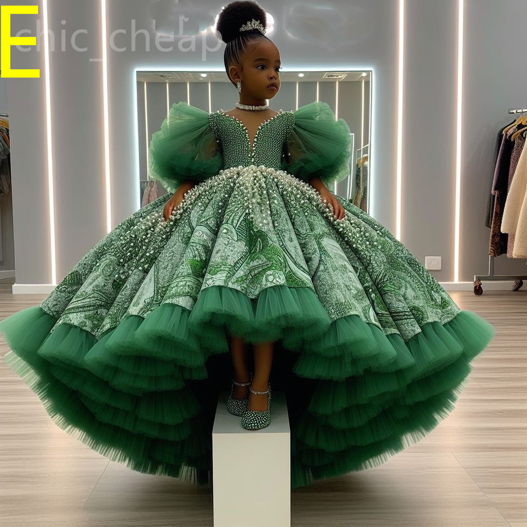 2024 Royal Green Printed Flower Girl Dresses Ball Gown Tulle Tiers Pearls Beaded Luxurious Little Girl Christmas Peageant Birthday Christening Tutu Dr