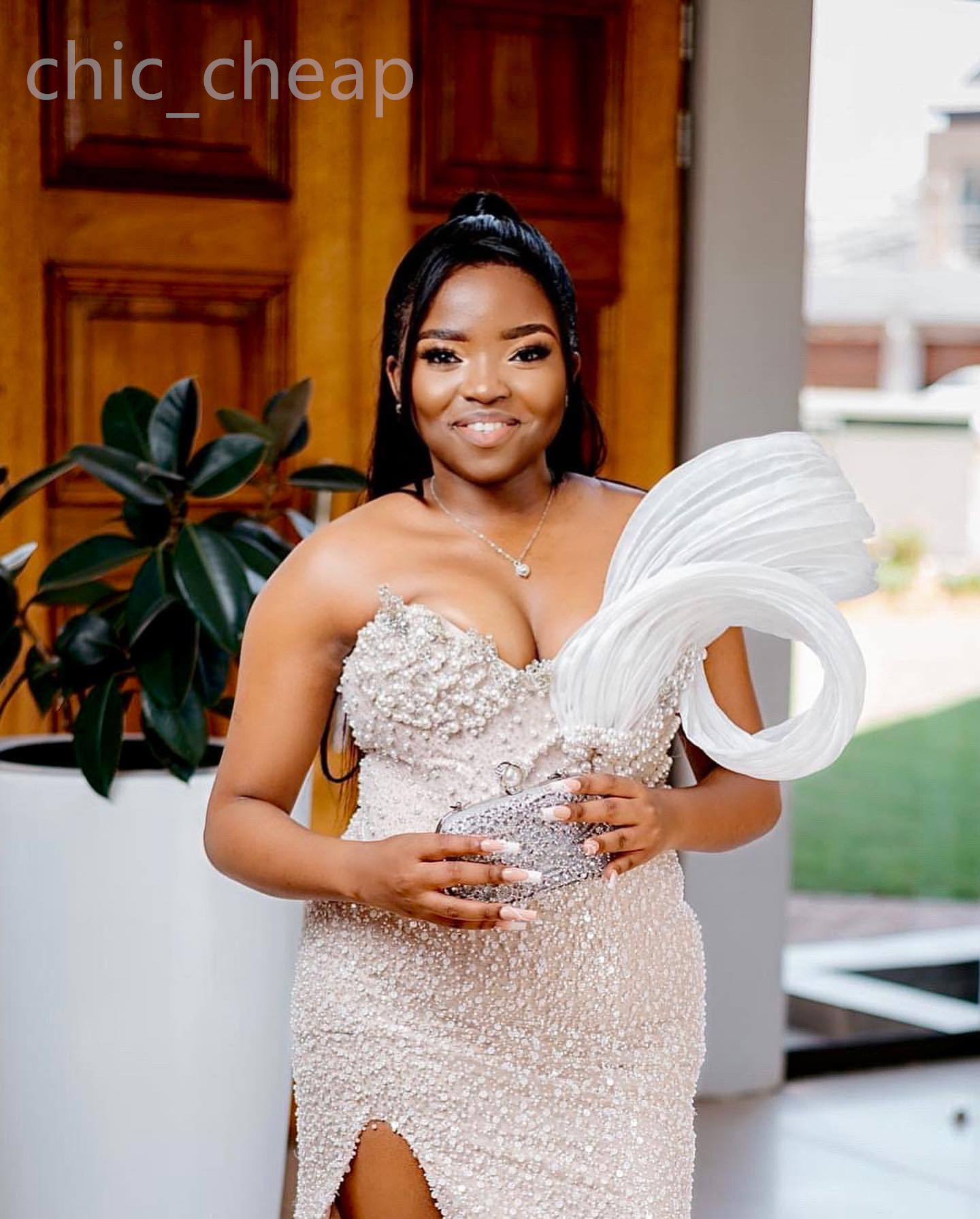 2024 Aso Ebi Ivory Mermaid Prom Dress Beaded Pearls High Split Evening Formal Party Second Reception Birthday Engagement Gowns Dresses Robe De Soiree 
