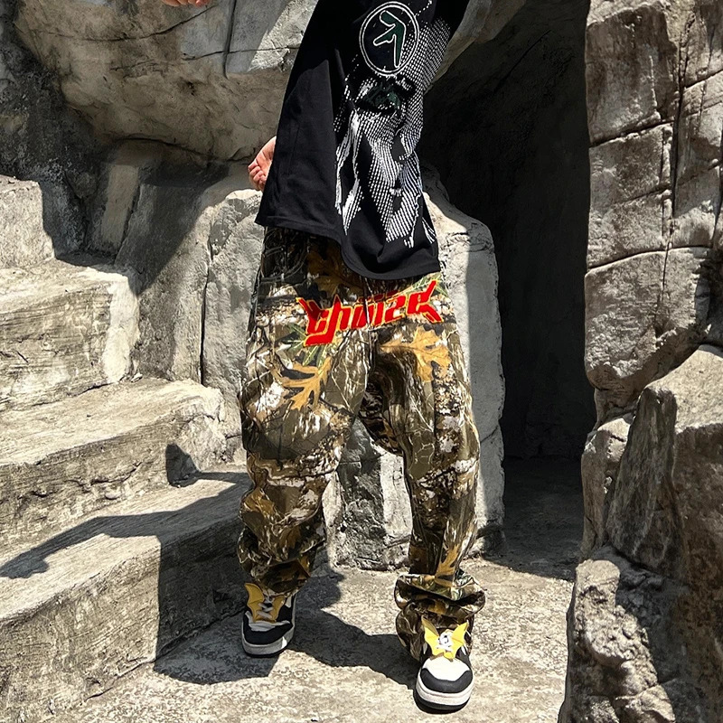 Letter Towel Embroidery Leopard Streetwear Mens Casual Trousers Pacthwork Pockets Striaght Oversized Loose Track Pants 240129