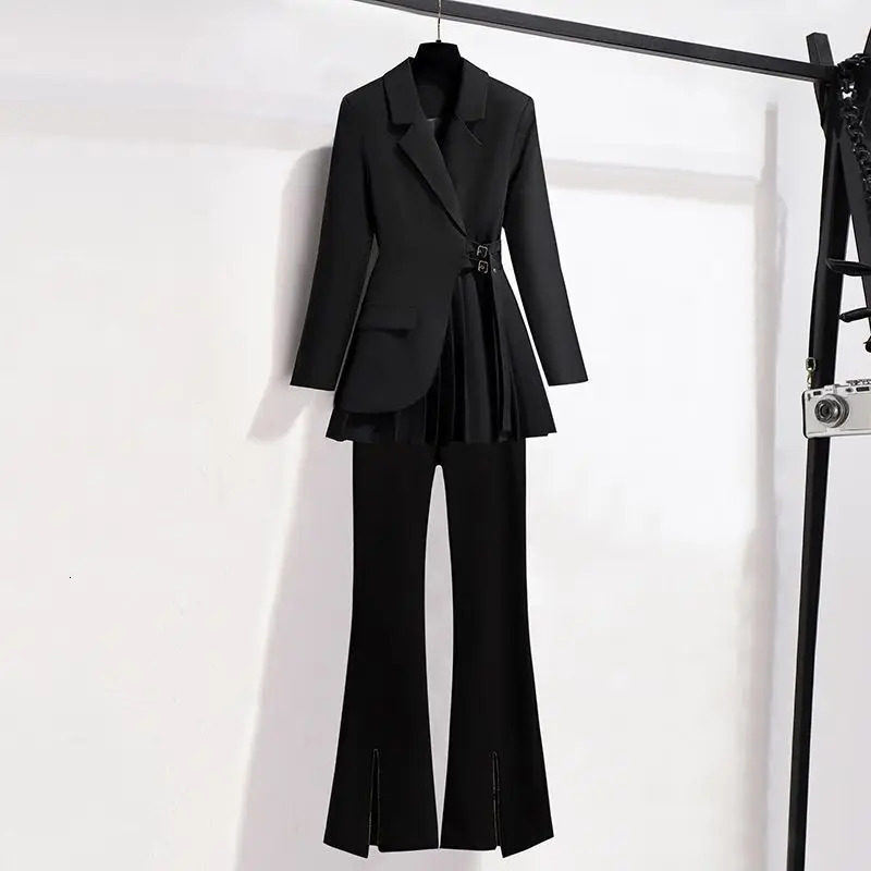 Womens Casual Blazer Jacket Matching Set Korean Elegant Spring Autumn Chic Suit Coatsplit Black Pants Twece Female Clothes