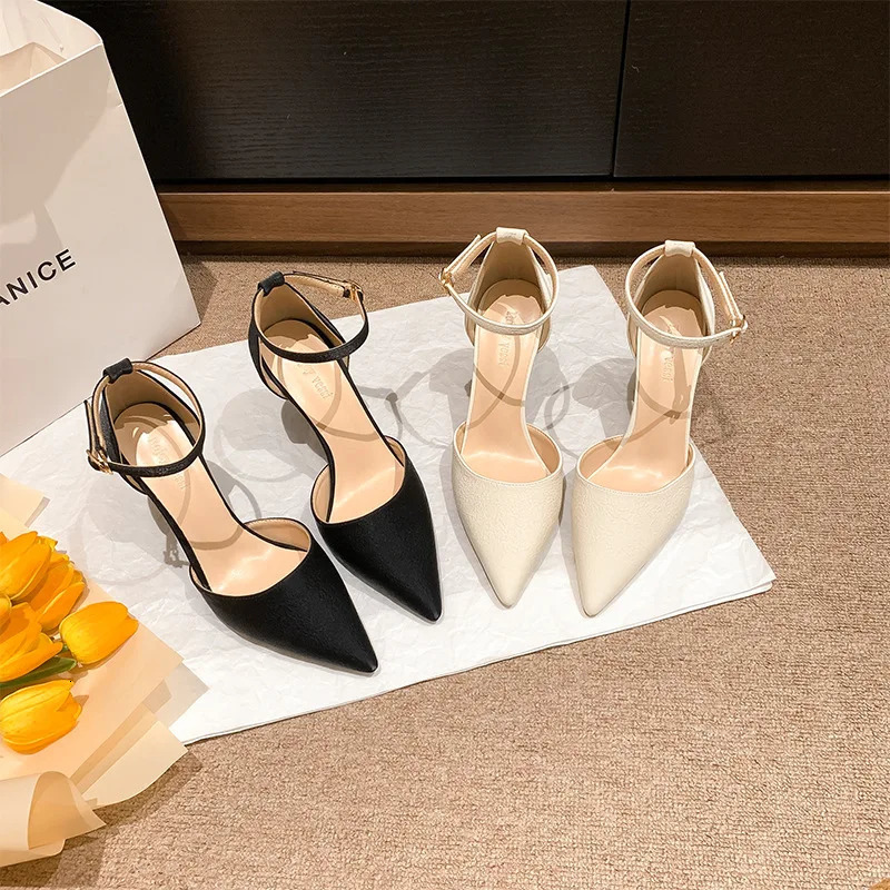8cm Fashion Sandals Pointed Toe High Heels Ankle Belt Beige Ladies Dress Women Shoes 39 40 240119