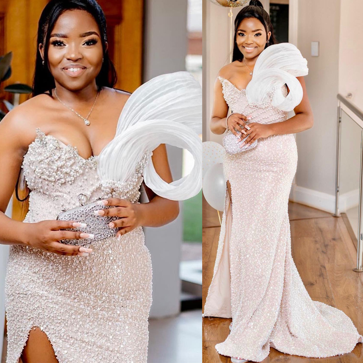 2024 Aso Ebi Ivory Mermaid Prom Dress Beaded Pearls High Split Evening Formal Party Second Reception Birthday Engagement Gowns Dresses Robe De Soiree 