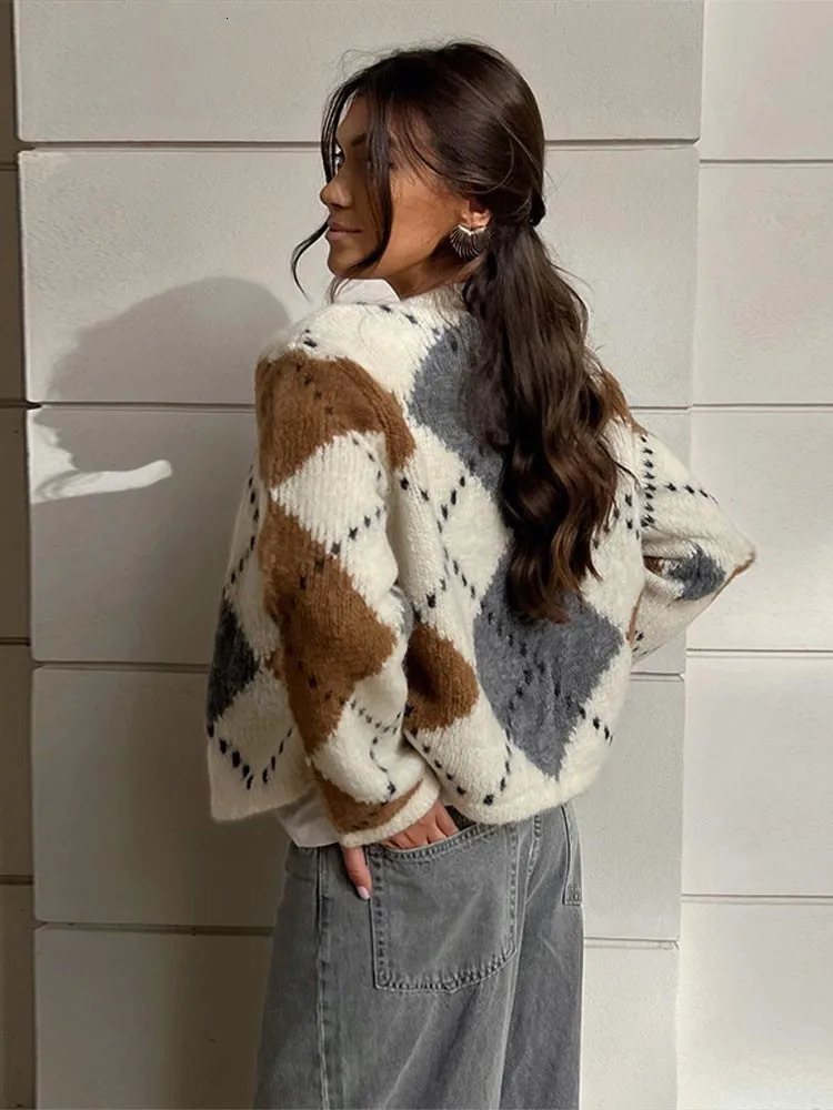 Autumn Plaid Printed Knitted Cardigan Women Casual V-neck Single Breasted Sweater Cardigan Fashion Lady Streetwear Coats 240123