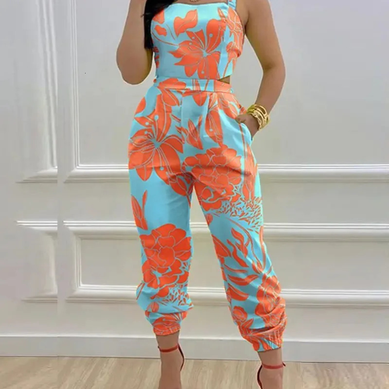 Spring/Summer Fashion Strap Print Jumpsuit Feminino Open Back Lace Up Jumpsuit Mono Elegante Mujer Woman Rompers Bodysuit 240129