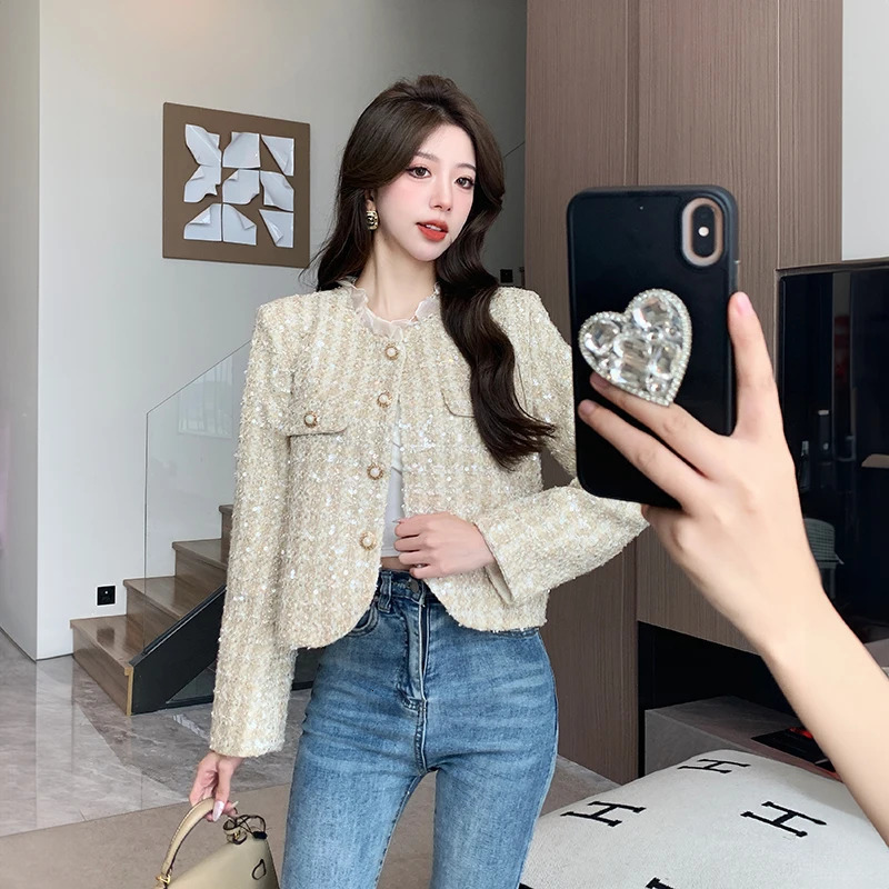 Runway Fashion Pearl Button Shiny Jacket Coat High Quality Chic Autumn Womens O Neck Tweed Casaco Outwear 240124