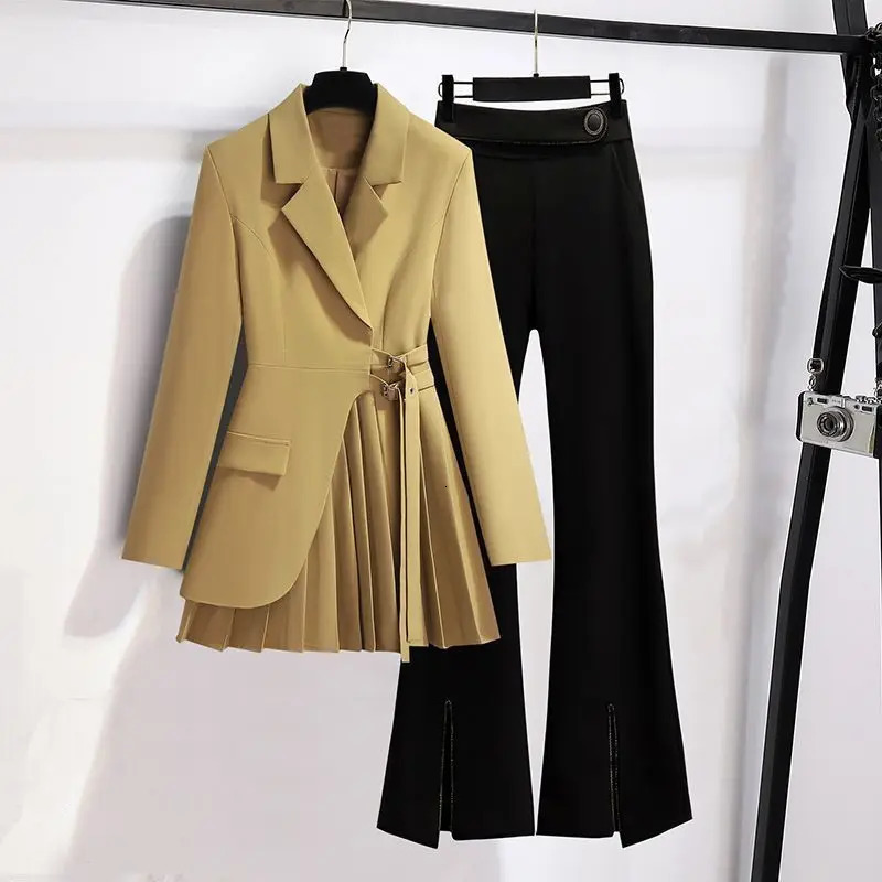 Womens Casual Blazer Jacket Matching Set Korean Elegant Spring Autumn Chic Suit Coatsplit Black Pants Twece Female Clothes